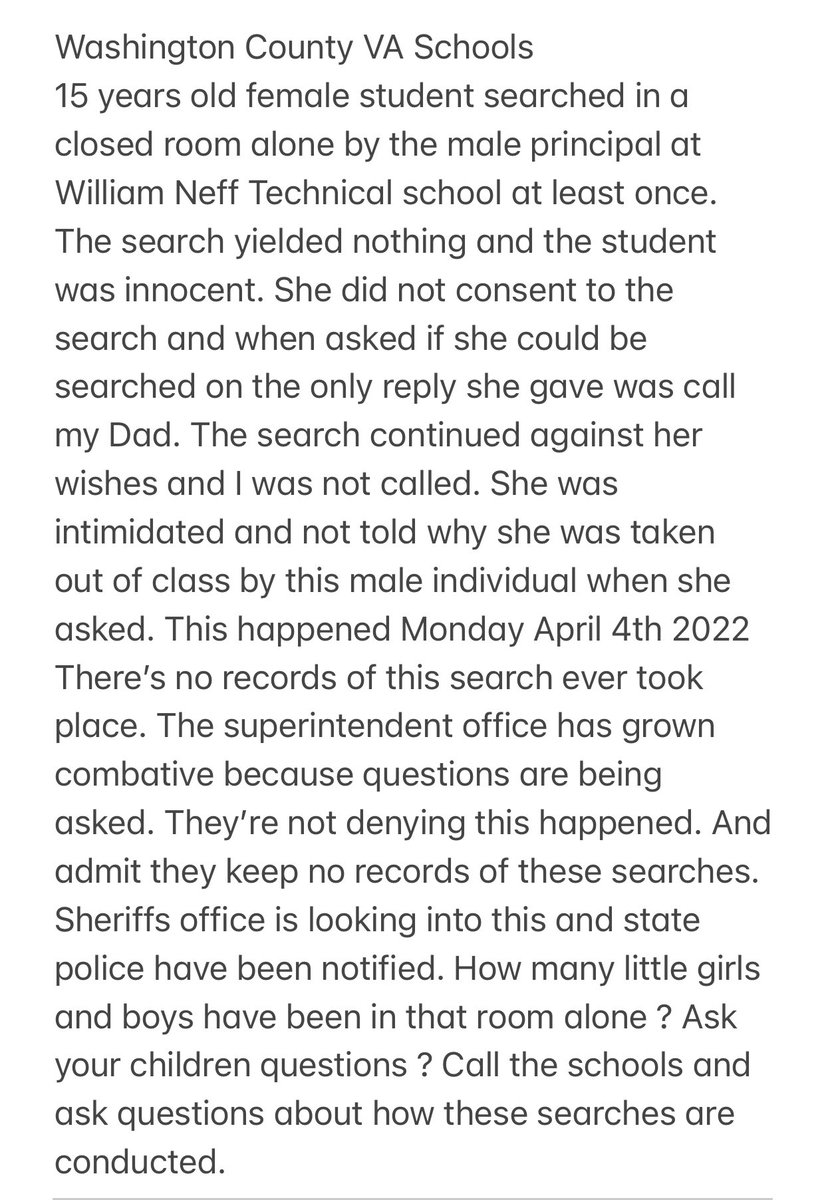 Sikzstrang's tweet photo. I started this conversation 3 years ago with school officials the last time my child was searched for no reason. Enough is enough. @VAGovernor73 @washcovaschools @JohnSBattle1 @WCSOVAPIO @VSPPIO @news5wcyb @DMcGeeBHC @SSAC9111 #Freedom #parentsrights #ChildrensRights #protectkids https://t.co/vVEwTSOyLq