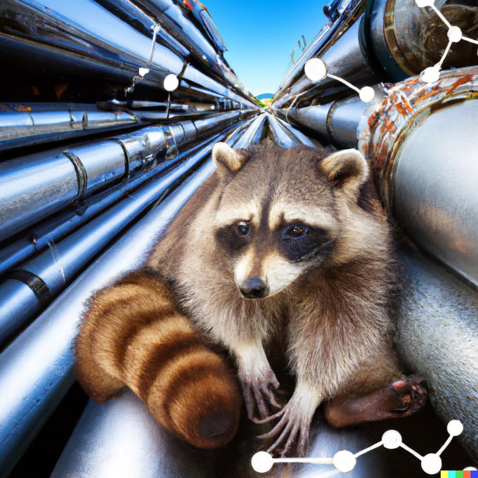 Image Generated by OpenAI DALL E-2: "Raccoon stuck in the large hadron collider"
