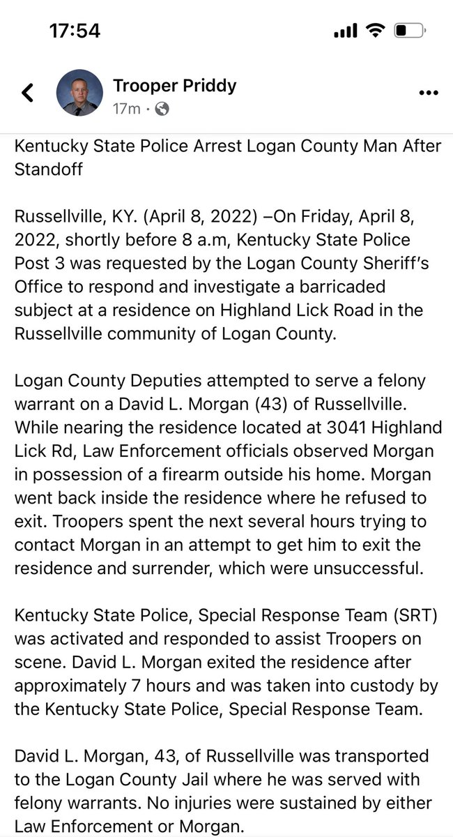 NEWS RELEASE Kentucky State Police Arrest Logan County Man After Standoff