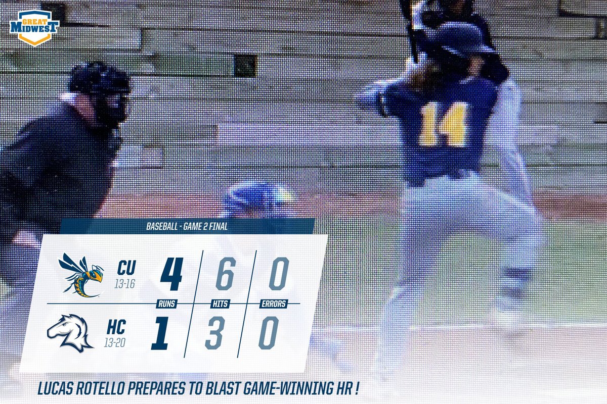 BAS Final - A @LUCASROTELLO15 three-run HR in top of the seventh (final) inning gives @CUJacketsBase the 4-1 win at Hillsdale in G2 of @GreatMidwestAC DH! (photo via @stretchinternet video stream) #CUJackets (13-16, 7-6 #G_MAC) at Hillsdale, Sat., Apr. 9 - DH at 1 PM (EDT).