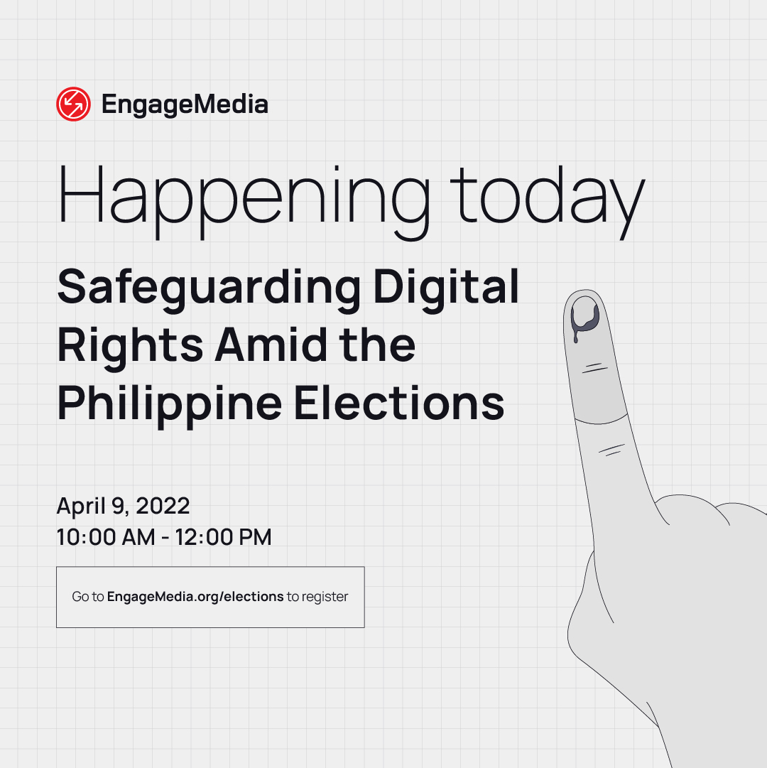 EngageMedia's tweet photo. HAPPENING TODAY: EngageMedia's Safeguarding Digital Rights Amid the Philippine Elections

Join us from 10AM to 12PM for an engaging discussion on digital threats to democracy with @NicoleCurato &amp; @jonathan_c_ong.

This event is FREE. Sign up here: https://t.co/OQIX9UQsfq https://t.co/BeMu0PJuIm