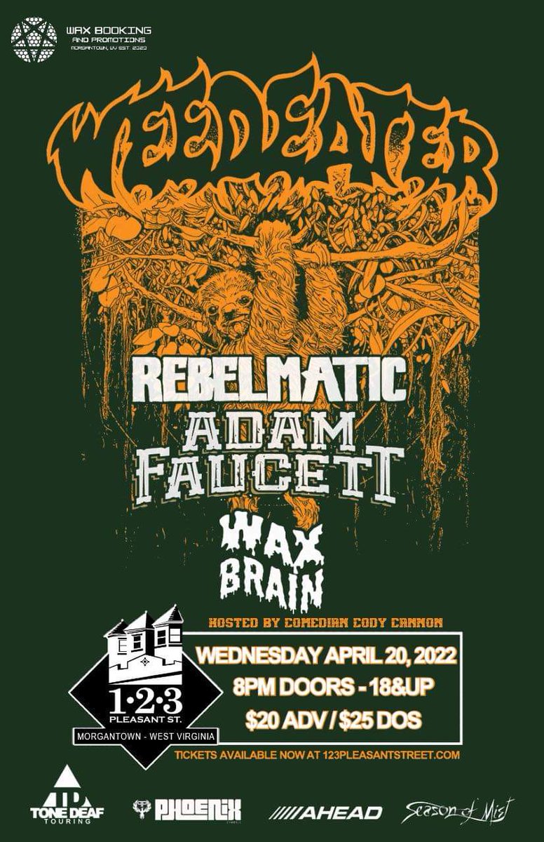 WaxBrainWV's tweet photo. Let us celebrate the holiest of holidays with our bubby @Cody_Cannon, @adamfaucettsong, @RebelmaticNyc, and the almighty @weedmetal at @123pleasant https://t.co/NlPV6rLCnn