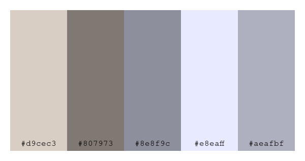 ColPaletteBot's tweet photo. Beep beep, here's a pretty color palette for you!
color-scheme.js parameters used:
- hue: 252
- variation: pale
- colors: #d9cec3, #807973, #8e8f9c, #e8eaff, #aeafbf
Have a lovely evening!
#twitterbot #colorpalette #colors #palette #prettycolors https://t.co/lwxjogjgnH