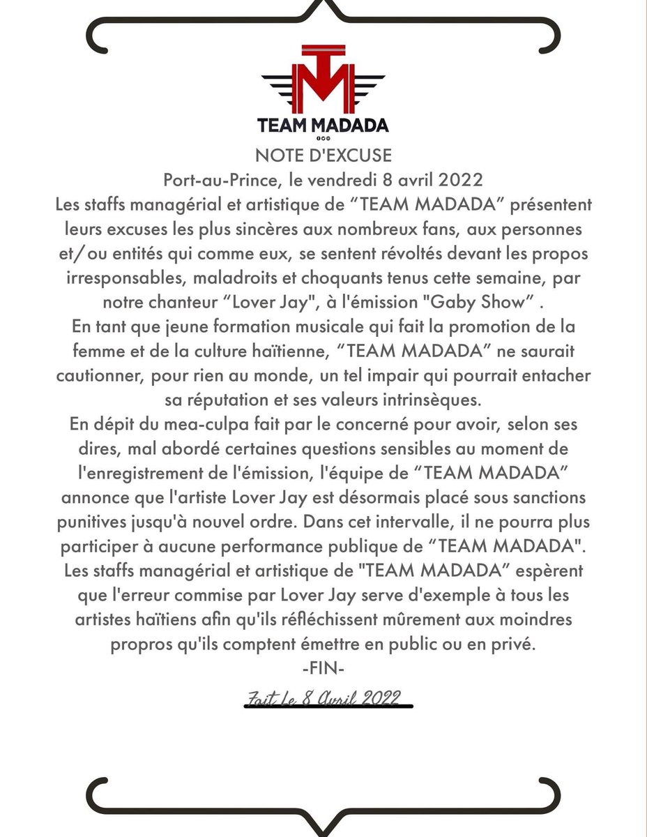 billyliveshow's tweet photo. Lettre dโexcuse #Teammadada konsenan sa atis Lover-jay Louissaint te pale nan emisyon @GabyshowHT https://t.co/CPs2xnCPbe