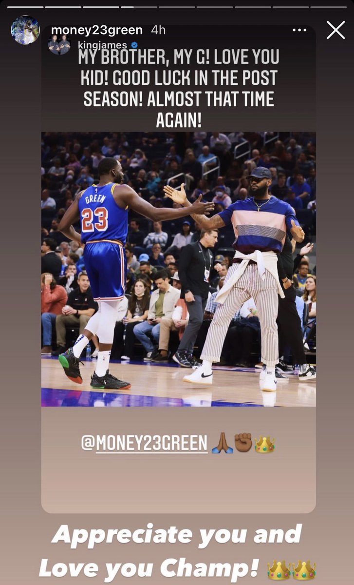 NBCSWarriors's tweet photo. LeBron wishes Draymond and the Warriors good luck in the playoffs 👀

[via @Money23Green /IG] https://t.co/g2iRlRK5EM