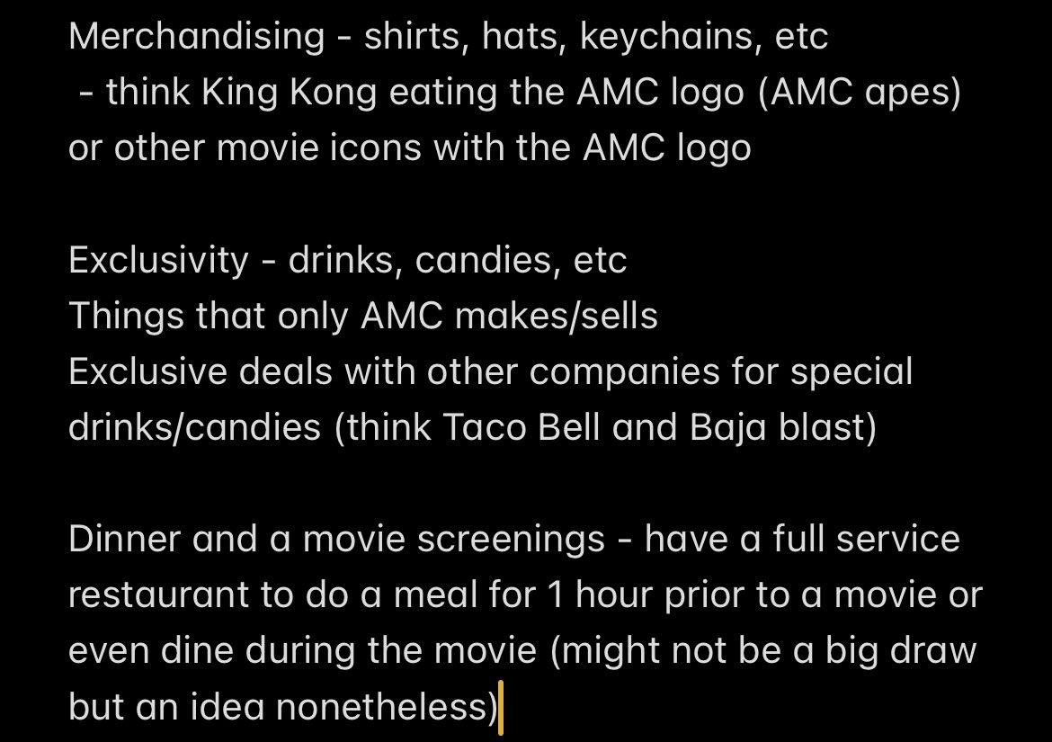 Afrmn623's tweet photo. @CEOAdam I had some business ideas that I thought were decent to help grow AMC. These may have already been considered or even done or are in the works, just wanted to share. https://t.co/osWmxWCDPW