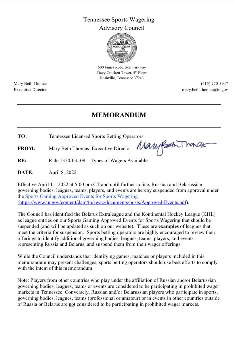 The Sports Wagering Advisory Council issued a suspension of wagering on all Russian and Belarusian events and leagues today.  Here is the memo that was sent to all operators: