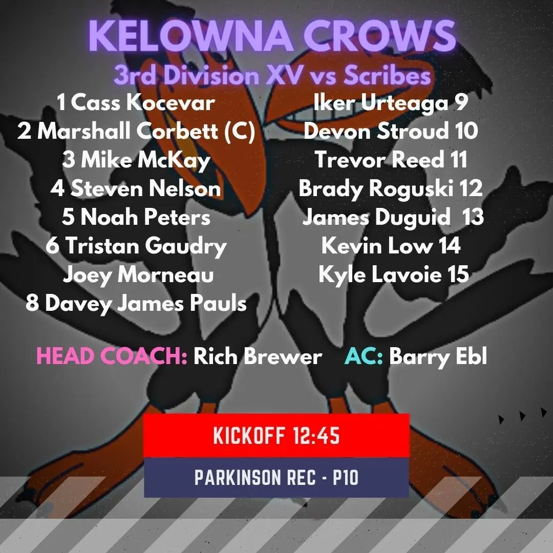 KelownaCrowsRFC's tweet photo. Tomorrow's starting lineups for our home games vs @KamRugbyClub &amp; @ScribesRFC !

#Kelowna #BCRugby https://t.co/Mso5cc71kb