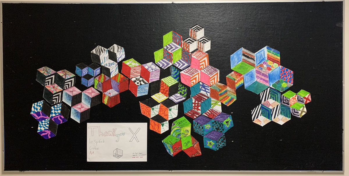 DrOakleyBlue's tweet photo. Cube art inspired by @ThankYouX using some optical illusion techniques we learned including curved lines, shading and light reflection. We drew the cubes ourselves using protractors to demonstrate acute and obtuse angles. #HaysboroLovesLearning https://t.co/DYZ2ZVtySg
