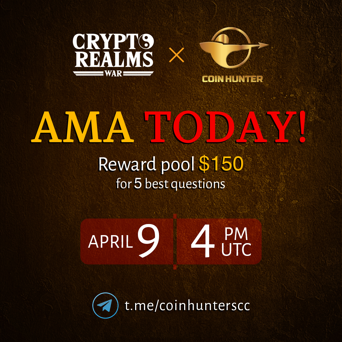 cryptorealmswar's tweet photo. 📢📢 We are glad to announce our 𝗔𝗠𝗔 𝘁𝗼𝗱𝗮𝘆, 9 April 2022, with 𝗖𝗼𝗶𝗻𝗵𝘂𝗻𝘁𝗲𝗿𝘀.
We'll be live at 4 PM UTC.

Bring all the gang 🤗 and get a chance to 𝘄𝗶𝗻 $𝟭𝟱𝟬 by just asking questions here: 
👇 https://t.co/EChQxFvIb9

#BSC #NFTs #yinyang #staking #giveaway https://t.co/JAVnl15Y6C