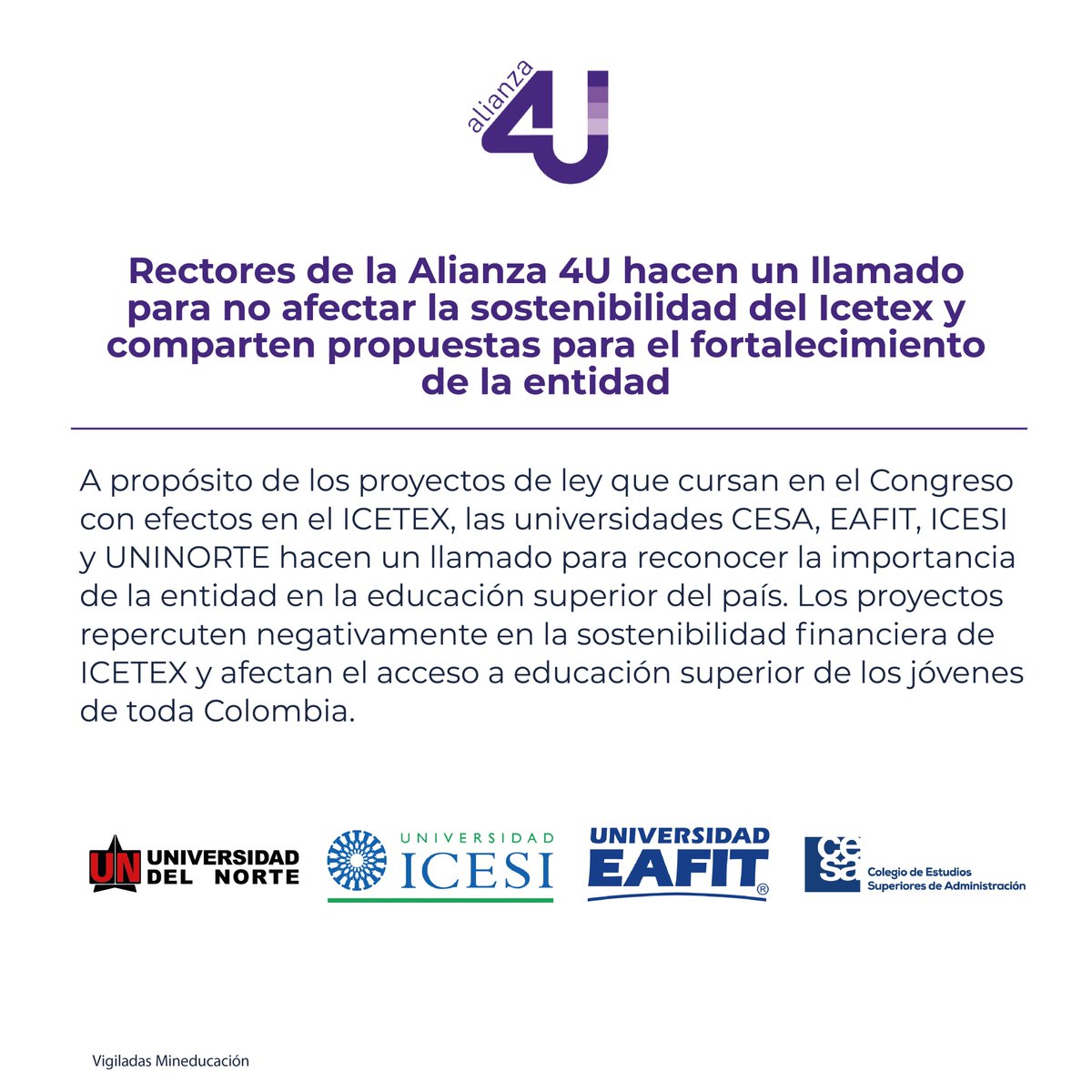 EAFIT's tweet photo. Rectores de la #Alianza4U (@eskole de #EAFIT, @emiliarestrepo de @CESA_edu, @estebanpie de @icesi y Adolfo Meisel, de @UninorteCO), hacen un llamado para no afectar la sostenibilidad del @ICETEX. 

👇 https://t.co/nwPSoiI75T
