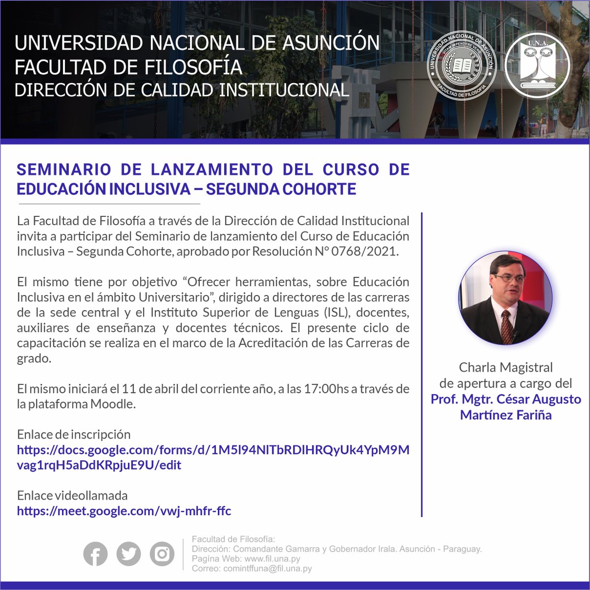 ffuna_oficial's tweet photo. 📌SEMINARIO DE LANZAMIENTO DEL CURSO DE EDUCACIÓN INCLUSIVA – SEGUNDA COHORTE ✅
Charla Magistral de apertura a cargo del Prof. Mgtr. César Augusto Martínez Fariña.
Enlace de inscripción
https://t.co/JFsoTPw5WU

Enlace videollamada
https://t.co/ztxkOy6and https://t.co/2DQcFDe2ts