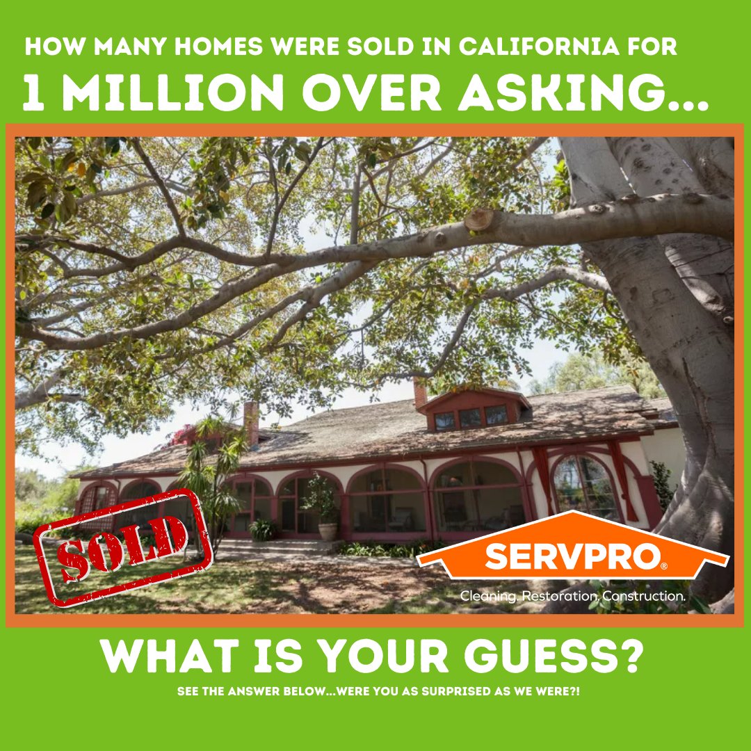 The housing market in California has been almost as unpredictable as a Water Damage!  According to the OCR, in 2021 there were 96 homes sold for over 1 million dollars over asking (yes, you heard that right...).🤐😮 #realestate #servpro #housing