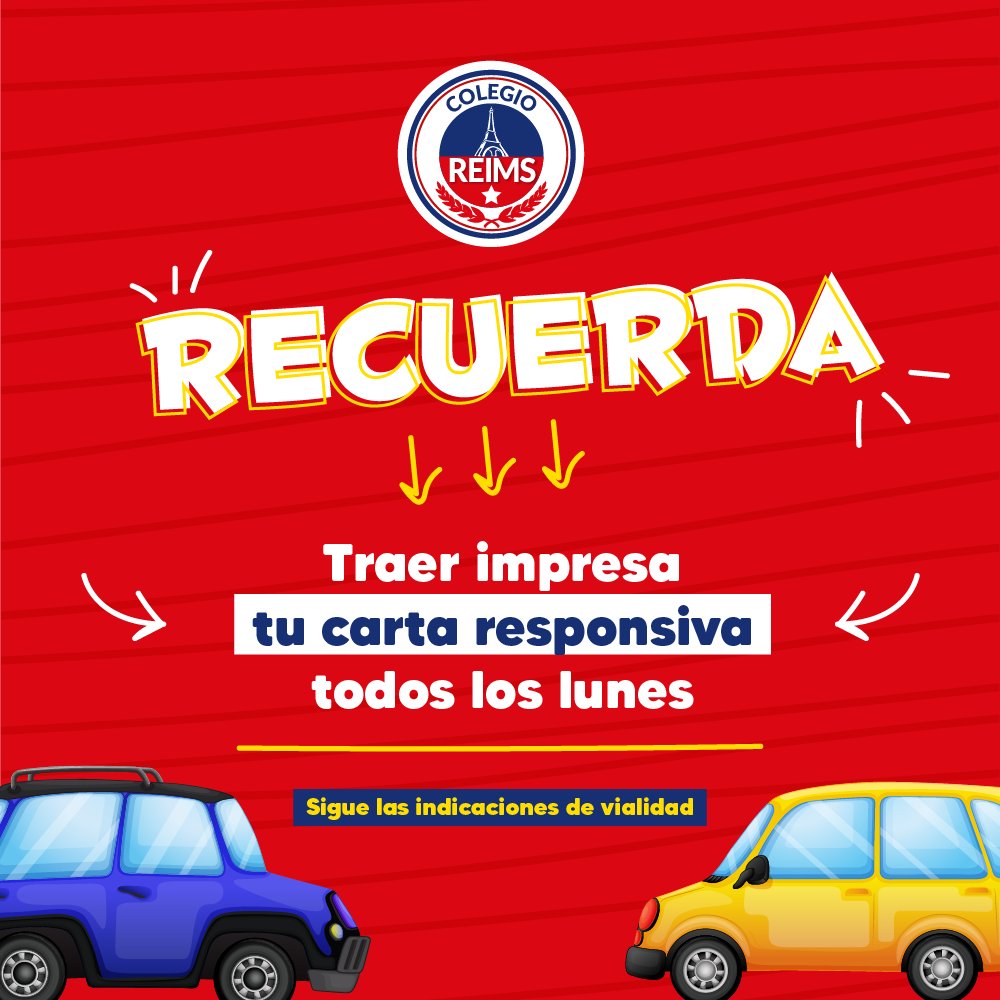 #FamiliasReims recuerda traer impresa tu carta responsiva todos los lunes .

Sigue las indicaciones de vialidad.

sites.google.com/colegioreims.e…