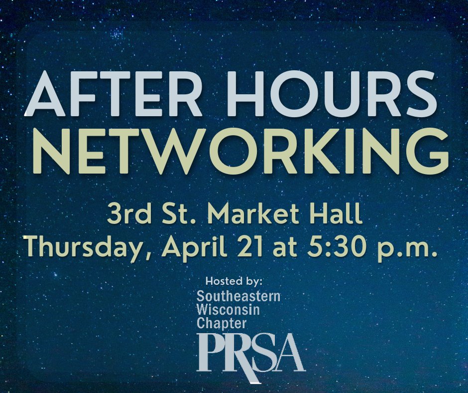 PRSAWis's tweet photo. PRSA SE WI April Newsletter: After Hours Networking - April 21 at 3rd St. Market Hall - https://t.co/o40xsfKwM7 https://t.co/sjQ9oW9iaq