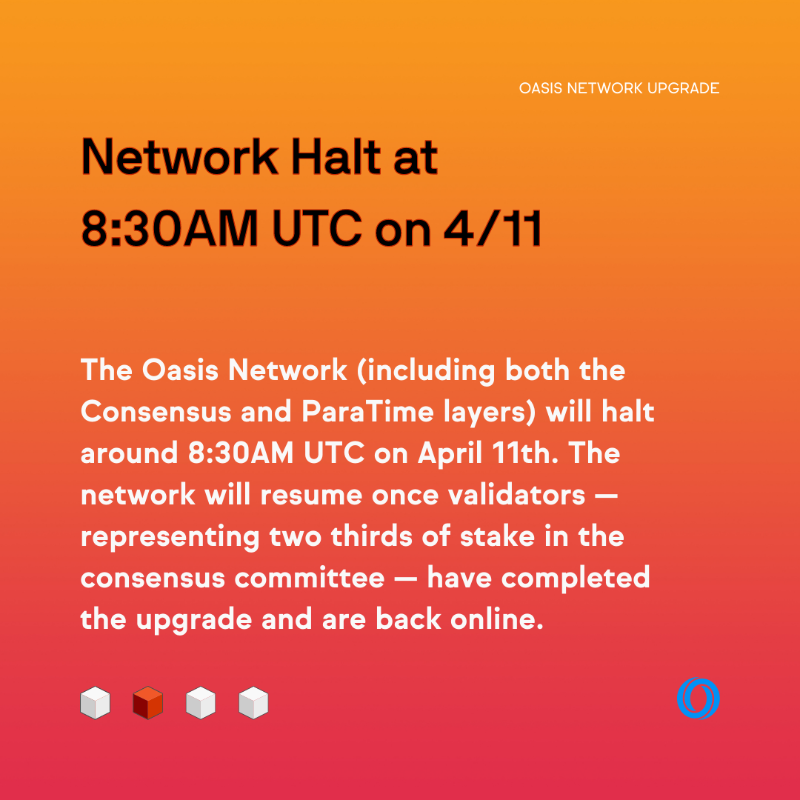 OasisProtocol's tweet photo. The Damask Upgrade for the Oasis Network has been approved! 🚀

Please expect the network to halt on April 11th at 8:30AM UTC with services unavailable (Wallets, Block explorers, ParaTimes, On-Chain Transactions w/ DApps) until upgrade completion 💯

Read more about Damask 👇