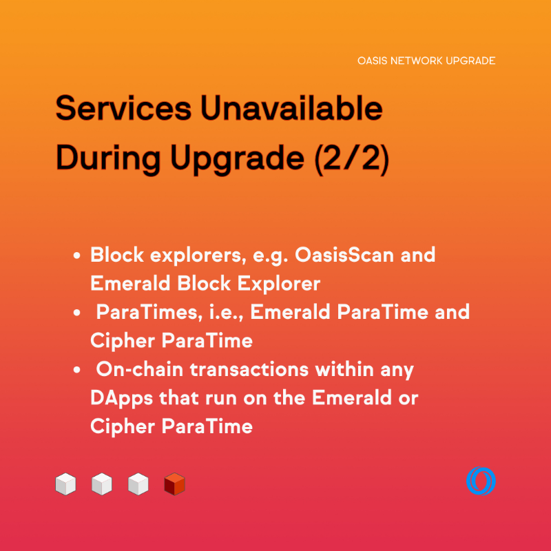 OasisProtocol's tweet photo. The Damask Upgrade for the Oasis Network has been approved! 🚀

Please expect the network to halt on April 11th at 8:30AM UTC with services unavailable (Wallets, Block explorers, ParaTimes, On-Chain Transactions w/ DApps) until upgrade completion 💯

Read more about Damask 👇