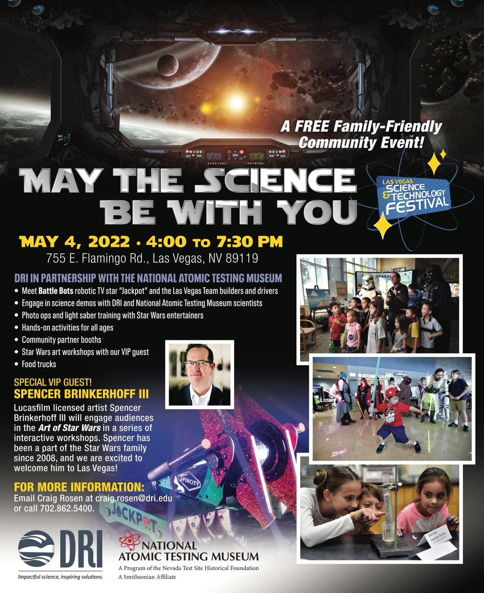 RosenCraig's tweet photo. Science and Star Wars join forces in this FREE community event! #lasvegasevents #STEMeducation #familyfun #science #sciencefiction #StarWarsDay https://t.co/CCLoaBlmz4