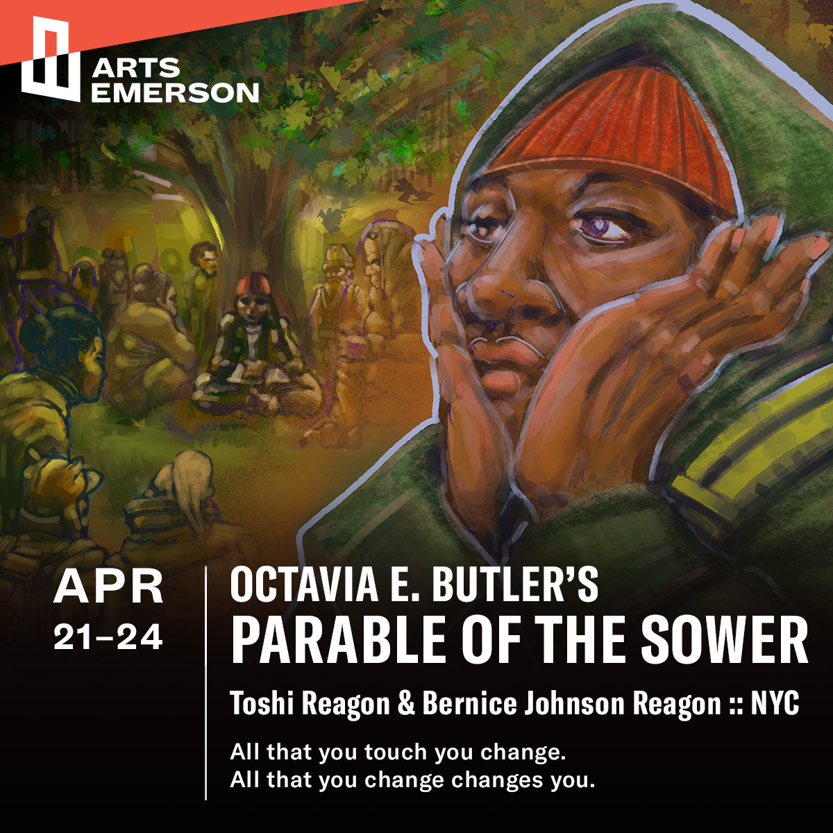 Check out <a href="/bvexedwards17/">Barrington Edwards</a>'s beautiful art created specifically for Parable of the Sower's upcoming triumphant return to Boston! @biglovely1 and friends are here APR 21 - 24. Some tickets still available -->
artsemerson.org/events/parable…
