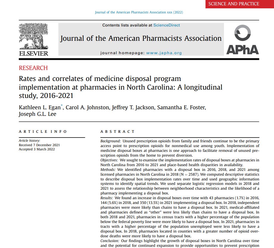 JAPhAJournal's tweet photo. IN PRESS: The number of pharmacies with a medicine disposal box in North Carolina continues to grow with limited place-based disparities. @KathleenLEgan @ECUPublicHealth
#TwitteRx #pharmacists #publichealth
https://t.co/SsJkeRRVUG https://t.co/pTA0PFoYbU