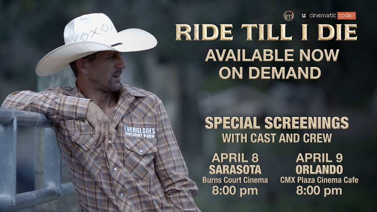 RIDE TILL I DIE is now on demand in U.S. &amp; Canada! Cable &amp; internet providers listed: ridetillidiefilm.com 
Special screenings with cast &amp; crew:
April 8 SARASOTA Burns Court Cinema 8:00pm 
April 9 ORLANDO CMX Plaza Cinema Cafe 8:00pm 
We hope to see you there!
@GravitasVOD
