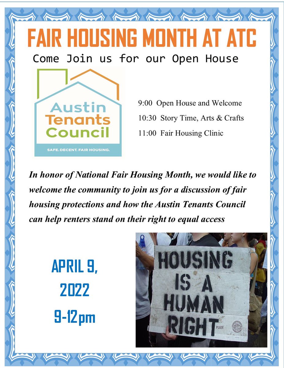 Happy Friday!

We will be hosting an open house this weekend 😃 here are the details:

When - Saturday, April 9th from 9am-12pm
Where - ATC office at 205 Chicon Street
Why - in celebration of #FairHousingMonth !

We hope to see you there 🥳