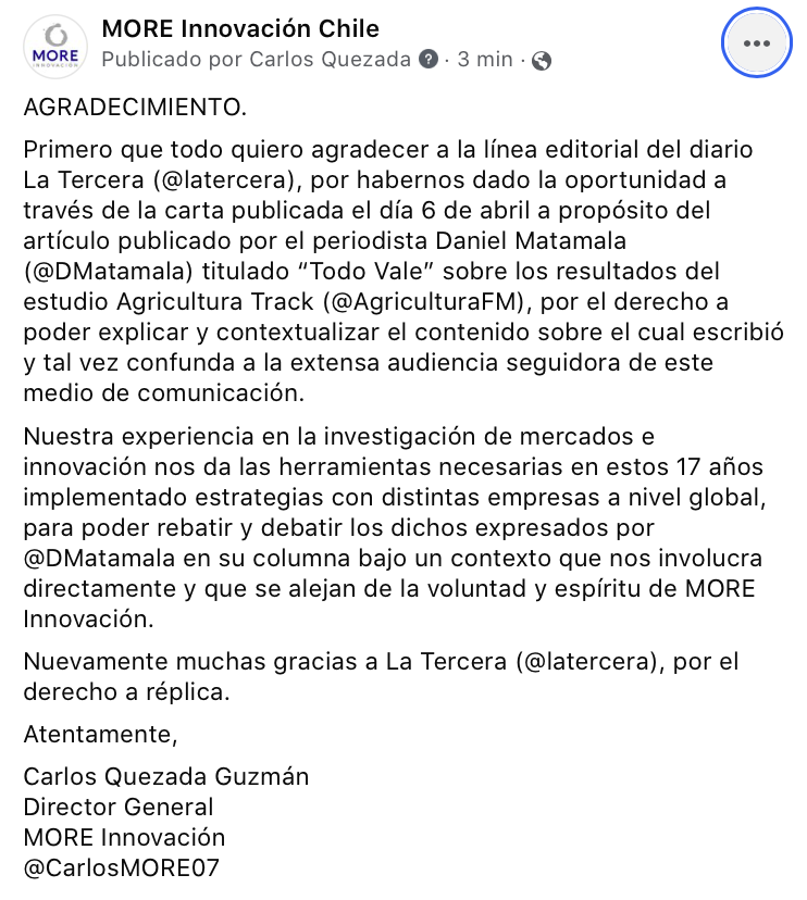 CarlosMORE07's tweet photo. Gracias La Tercera (@latercera) por el derecho a poder aclarar y replicar a @DMatamala con relación al estudio publicado por @AgriculturaFM y elaborado por MORE Innovación. https://t.co/4W0wV2tZg7