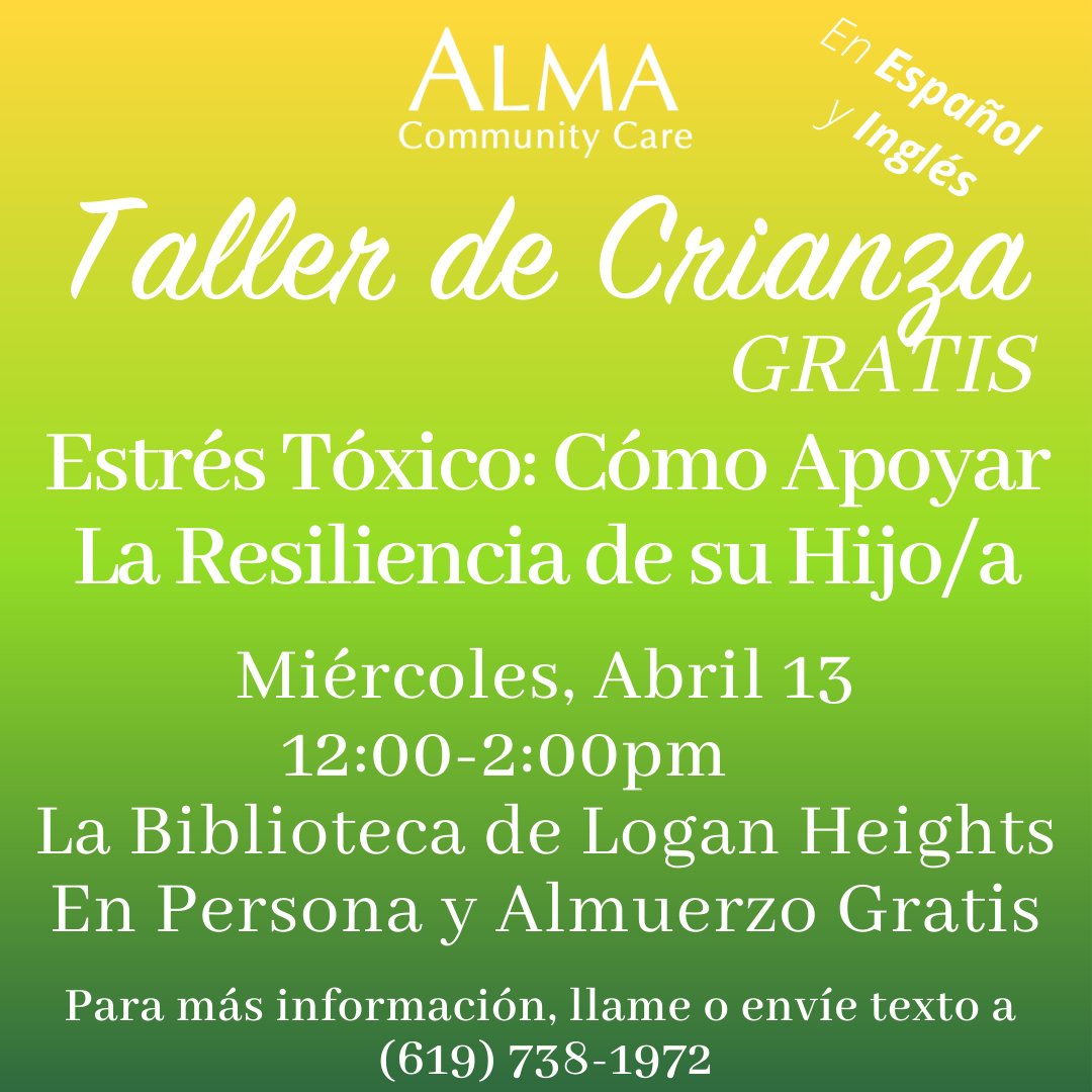 sdneighborhood's tweet photo. Our friends at Alma Community Care and Logan Heights Library will host two upcoming workshops designed specifically for parents. Stop by to learn more about supporting children’s mental health and enjoy a free lunch while there! @SDPublicLibrary #ParentSeminar #MentalHealth https://t.co/9hzqPr0DYz