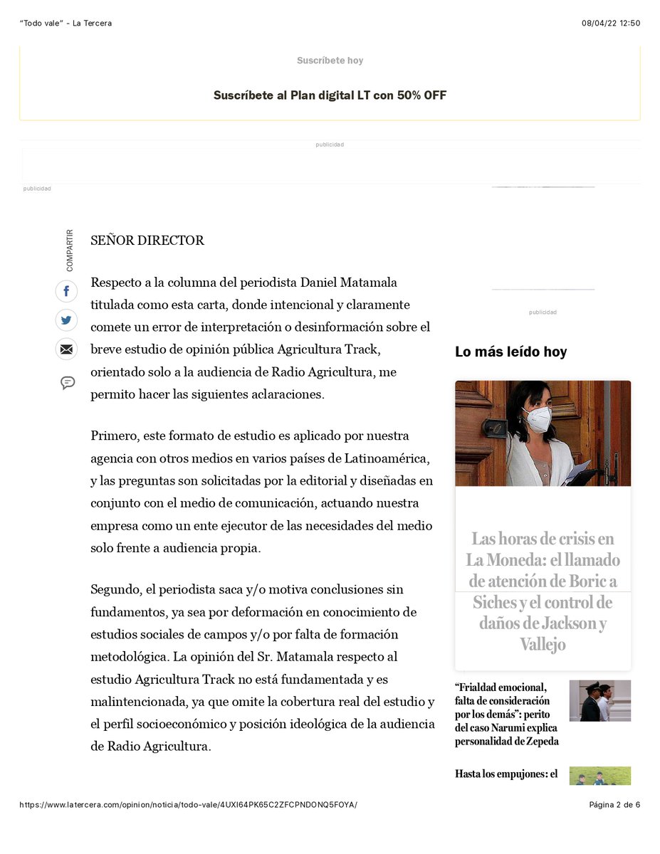 CarlosMORE07's tweet photo. Gracias La Tercera (@latercera) por el derecho a poder aclarar y replicar a @DMatamala con relación al estudio publicado por @AgriculturaFM y elaborado por MORE Innovación. https://t.co/4W0wV2tZg7