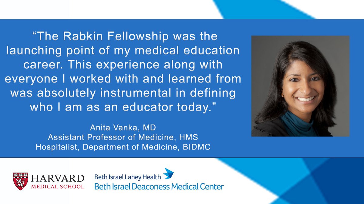 BIDMC Shapiro Inst. (@bidmc_education) on Twitter photo We continue our 25th anniversary celebration by highlighting past graduates of our Rabkin Fellowship Program – a highly competitive year-long immersive program in teaching, education research & leadership. Today we recognize <a href="/VankaAnita/">Anita Vanka</a>
<a href="/harvardmed/">Harvard Medical School</a> <a href="/bidhospitalists/">BID Hospitalists</a> #MedEd We continue our 25th anniversary celebration by highlighting past graduates of our Rabkin Fellowship Program – a highly competitive year-long immersive program in teaching, education research & leadership. Today we recognize <a href="/VankaAnita/">Anita Vanka</a>
<a href="/harvardmed/">Harvard Medical School</a> <a href="/bidhospitalists/">BID Hospitalists</a> #MedEd