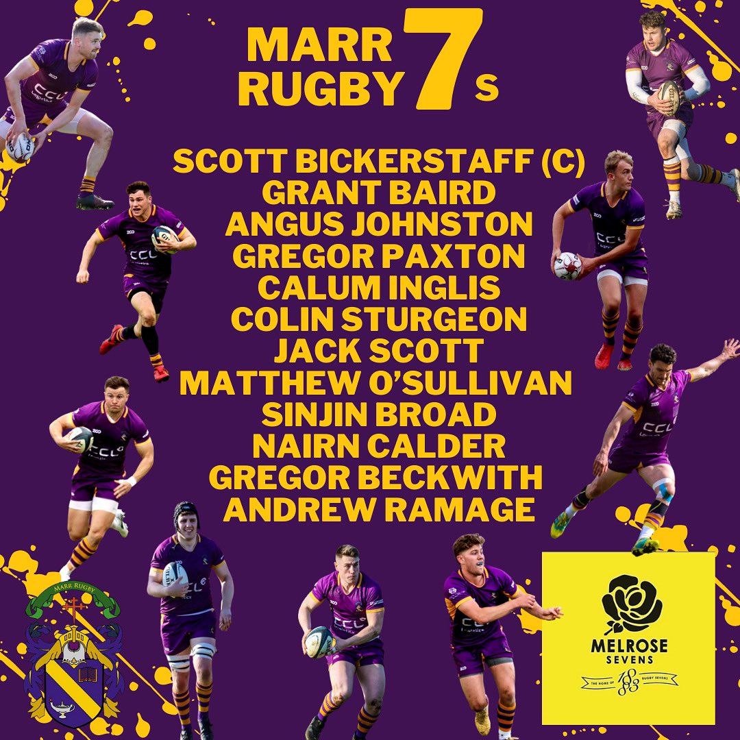 MarrRugby's tweet photo. It’s 7s Season 😍

Here it is, the team heading to Melrose tomorrow for the @Melrose7s 🏉 

➡️ First round Marr vs @WATSONIANFC (14:10)

LET’S GO BOYS 💜💛 https://t.co/lNkAWUpfCo