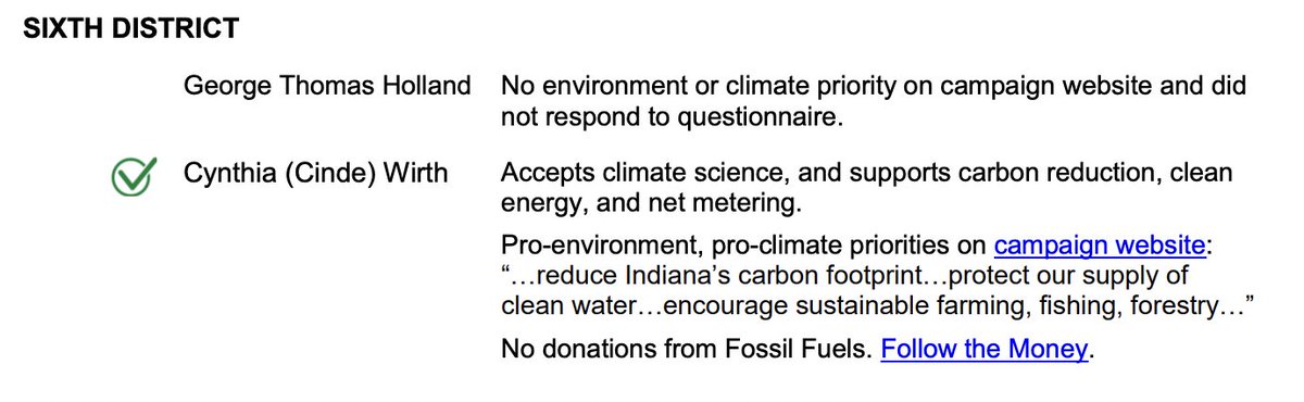 cwirth4congress's tweet photo. ✅ Green Checkmarked ✅  by Voters for a Green Indiana. 

✔️ "Her support for clean energy will create American jobs and reduce carbon pollution."

✔️ "Her leadership is needed to protect America’s quality of life and Energy Security." https://t.co/dacI300T8S