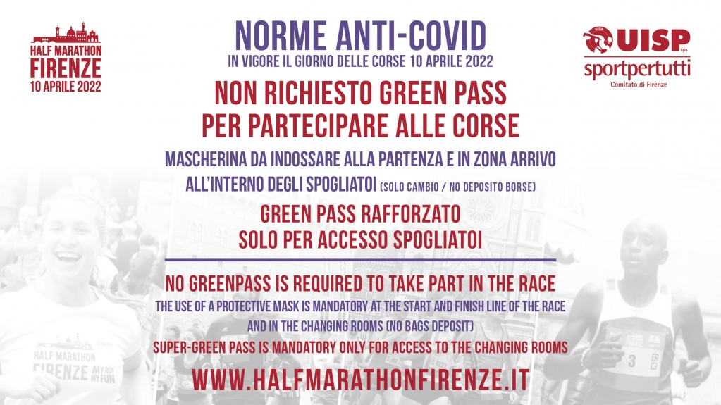 HMFirenze's tweet photo. ⚠ NORME ANTI-COVID
❌ NON RICHIESTO GREEN PASS PER PARTECIPARE ALLE CORSE
😷 MASCHERINA
Da indossare alla PARTENZA e in ZONA ARRIVO
Da indossare all’interno degli spogliatoi
 🟢 GREEN PASS RAFFORZATO SOLO PER ACCESSO SPOGLIATOI
✅ CAMBIO INDUMENTI ❌NO DOCCE❌NO DEPOSITO BORSE https://t.co/xZJ9HMUyA4