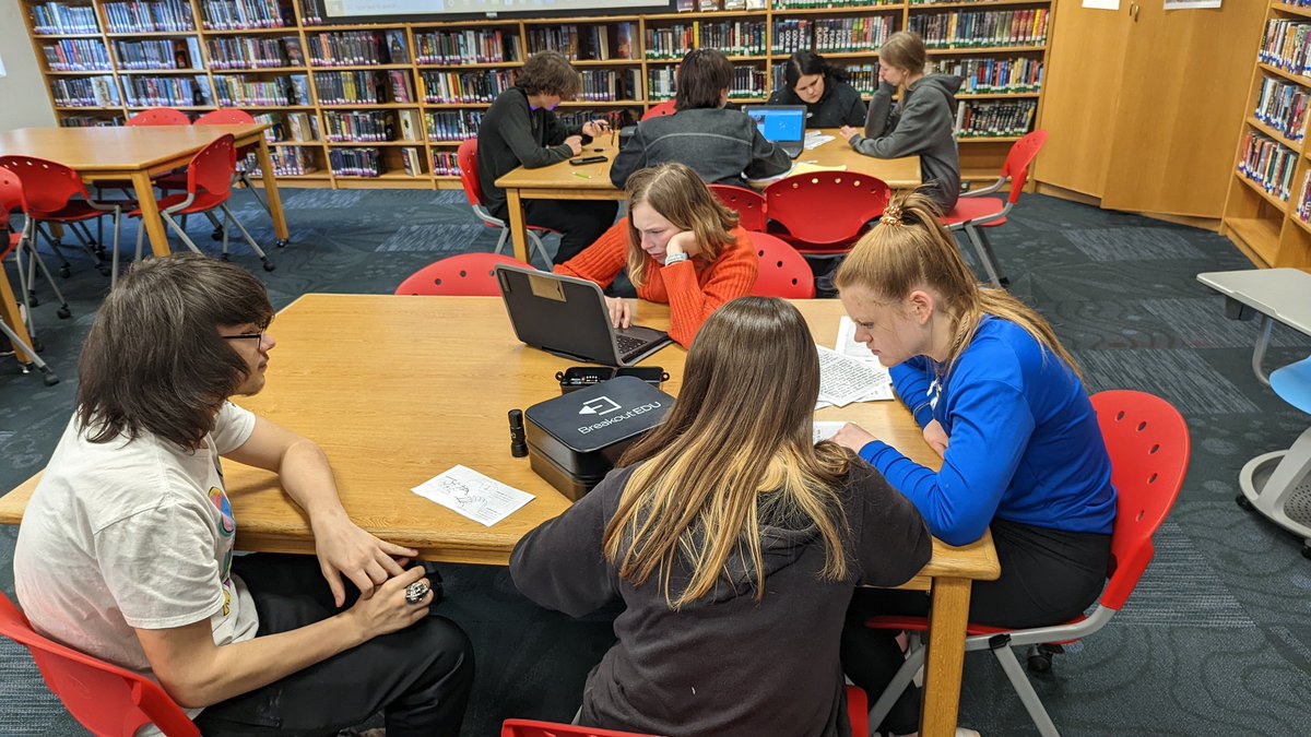 nhs_dotson's tweet photo. Breakout Boxes in the Library with Mrs. Ditch's class for some Friday learning fun. #breakoutedu #nhslionpride @NHSLionslibrary https://t.co/3uNdOcw4ga