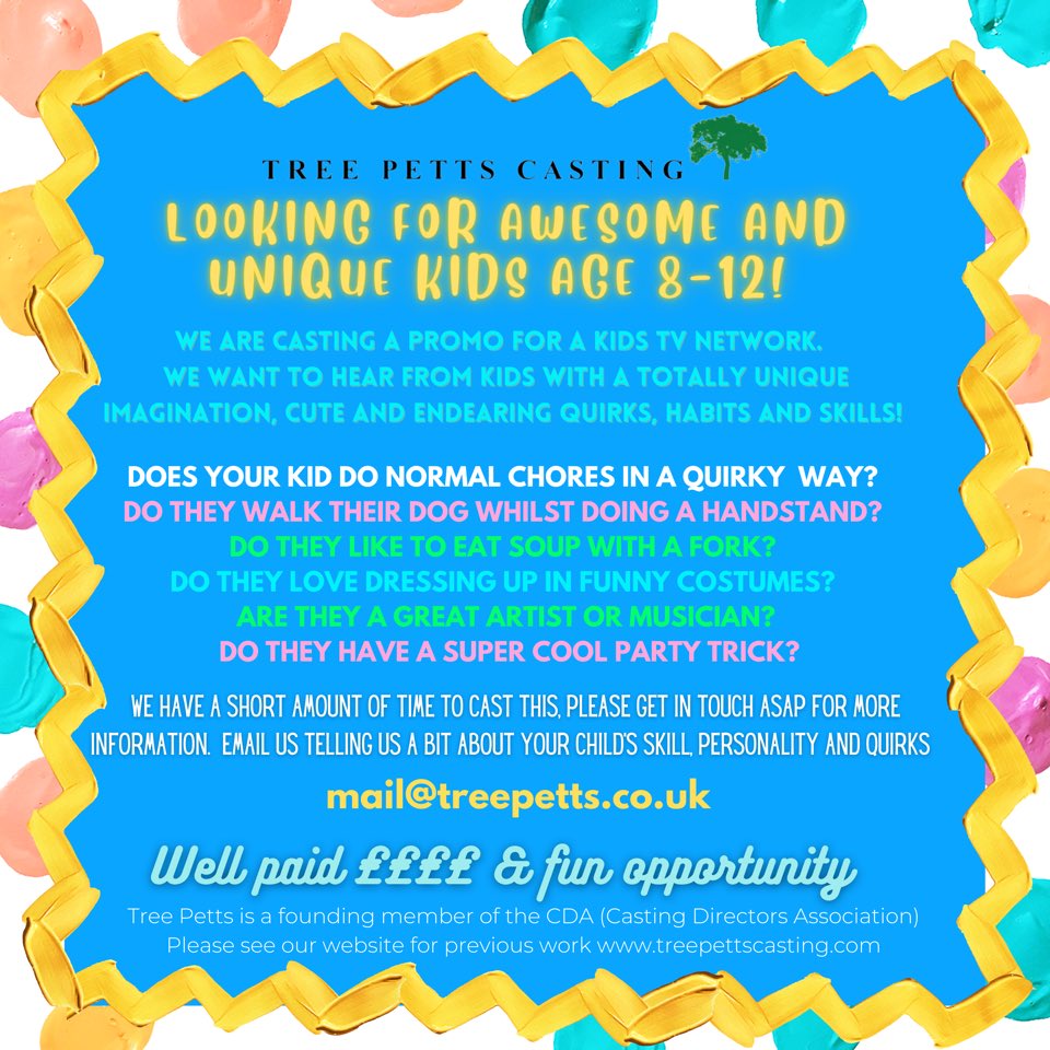 Hi #citydads Looking for awesome, quirky, hilarious kids 8 - 12 yrs old, with unusual skills or wild imaginations in the USA!

Casting globally for a kids TV network! 

No previous exp required / well paid ! 

Contact: 
mail@treepetts.co.uk 

#funnykids #globalcasting