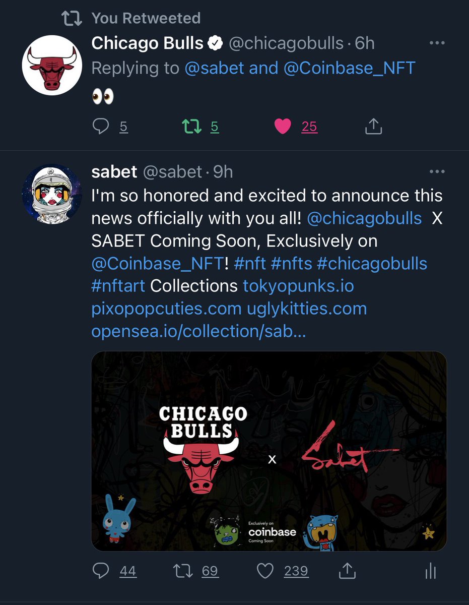 ❤️✨<a href="/chicagobulls/">Chicago Bulls</a> X Sabet on @Coinbase_NFT - Coming soon! Featuring TokyoPunks.io + <a href="/uglykitties1/">uglykitties</a> + <a href="/pixopop/">pixopop</a> + healingcodes.io + fvckscarcity.com - Art is the utility. Love is the roadmap. #nft #nfts #nftart #nftcollectors #chicagobulls