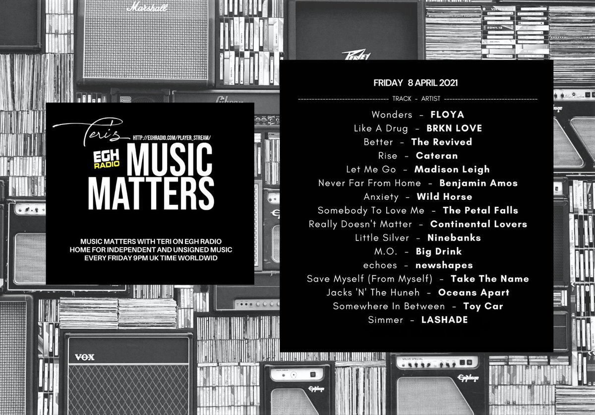#TuneIn <a href="/EGHRadio/">EGH Radio</a> now!
#ListenHere ⇨ eghradio.com/player_stream/

#NowPlaying on Teri's #MusicMatters
the great new music from-
<a href="/floyamusic/">FLOYA</a>
<a href="/BRKNLOVEMUSIC/">BRKN LOVE</a>
<a href="/The_Revived/">The Revived</a>
#Cateran 
@MadisonLMusic
<a href="/benjaminamos101/">Benjamin Amos</a>
<a href="/wildhorserockuk/">Wild Horse</a>
<a href="/FallsPetal/">The Petal Falls</a> 
#NewMusicAlert #ListenNow #MusicFriday