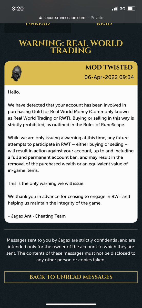 TheTequilaGod's tweet photo. @JagexSupport 

I don’t understand where this warning came from. I’ve never done a  RWT can you please explain this? I’ve been playing runescape for about 20 years and have never had anything like this happen https://t.co/QfzmnAqv23