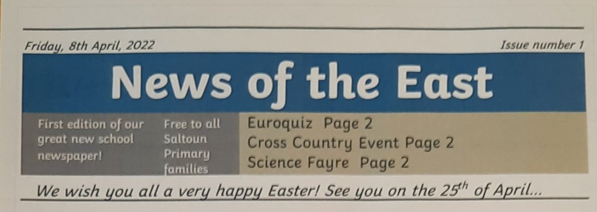 Saltoun_Primary's tweet photo. The Roaming Reporters group published the very first edition of our new school newspaper today. Well done to everyone involved - what a proud moment!
@elcourier @GregorMillarELC
Do you have any tips on newspaper writing and publishing for us?
#decisionmakinggroups #DARE https://t.co/yN5O6IYLcM