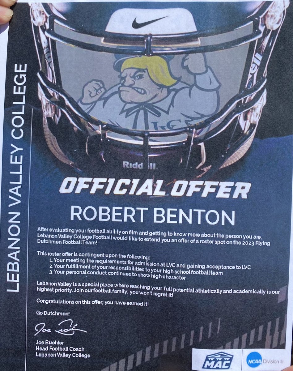 After an amazing visit <a href="/LVC/">LebanonValleyCollege</a> with <a href="/jbeidler1/">Jack Beidler</a> <a href="/CoachThompsonCT/">Chris Thompson (Coach T)</a> <a href="/joebuehler_lvc/">Joe Buehler</a> and the rest of the <a href="/LVCFootball/">LVC Football</a> coaching staff I am blessed and proud to announce my first official offer(roster spot) to play college football!!! Thank you coaches!