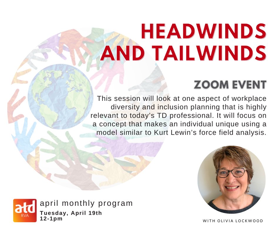 RichmondATD's tweet photo. 🤞 GRATD members and guests! Are you registered for our April monthly program "Headwinds and Tailwinds" with Olivia Lockwood?

📅 April 19th, 2022
⌚ 12:00-1:00 PM (Eastern)
🌐 Zoom
🎙 Olivia Lockwood (She/Her)

👉 Register here: https://t.co/coTF3G4Q6K

#ATD
#RVA
#GRATD
#Talent https://t.co/EfwFYObKtE