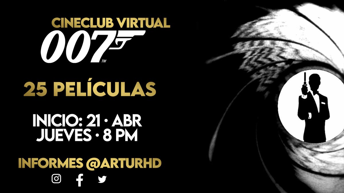 arturhd's tweet photo. Con licencia... para maratonear 🍸
La saga de #JamesBond ya llegó a @PrimeVideoMX y qué mejor momento hablar a detalle de las 25 películas que la conforman 🤩

Únete a este cineclub virtual a partir del 21 de abril, a las 8 PM. ¡No te lo pierdas!

Informes e inscripción, DM 🔫 https://t.co/mRpsf9w5pc