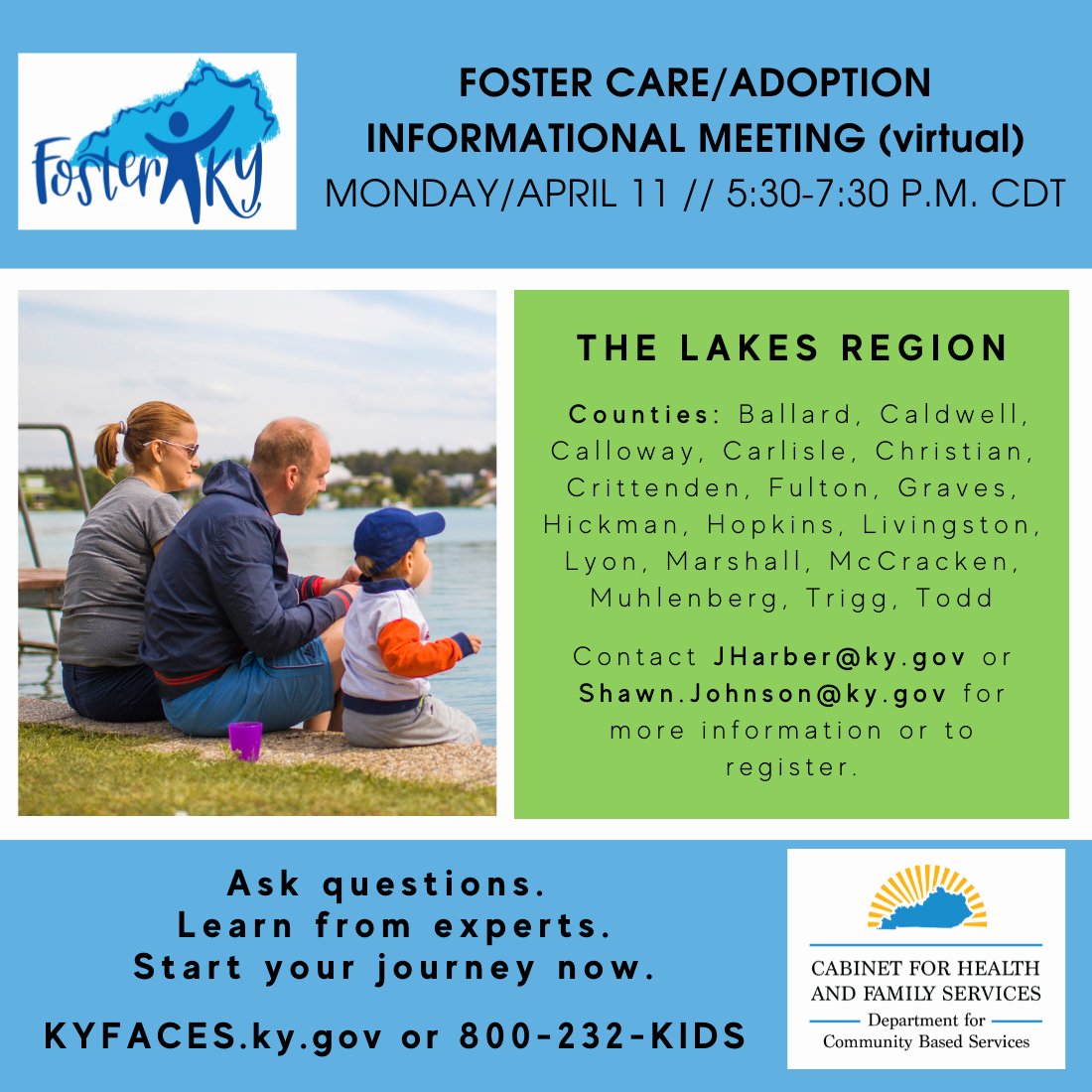 KyDCBS's tweet image. Families in The Lakes Service Region can learn more about foster care and adoption next Monday night – virtually! If you have been considering foster care or adoption, check for your county and sign up. You can change a child’s life. #fosterky #adoptky #makeadifference #TheLakes