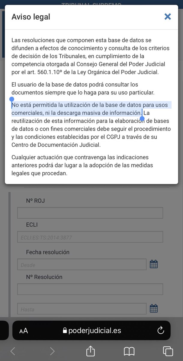 JaimeObregon's tweet photo. Disculpad mi ignorancia pero, ¿algún jurista podría por favor explicarme en qué se fundamenta la prohibición de descargar «masivamente» las sentencias del #CENDOJ del Consejo General del Poder Judicial?

¿Qué pasaría si las descargara, como el ROLECE?

🔗 https://t.co/ZIpGQwG91T https://t.co/8QHtcRmixI