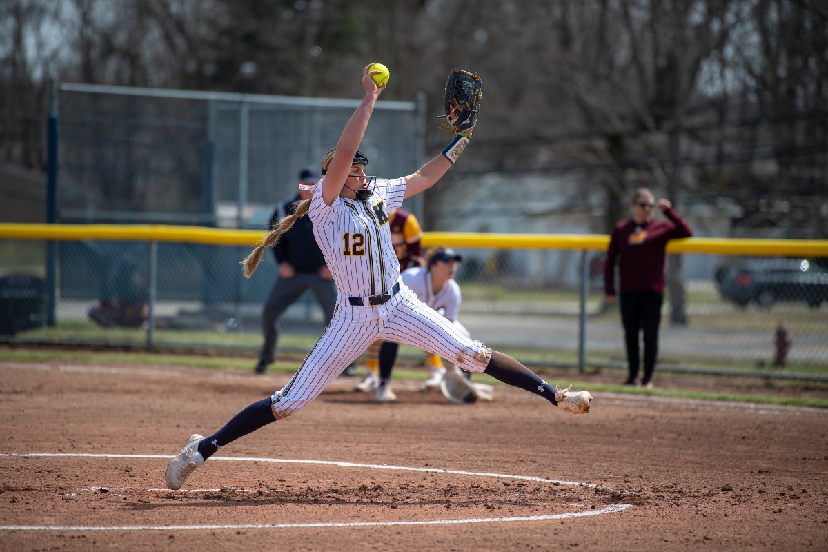 Sophomore Kent State softball pitcher Jessica LeBeau throws an overhand pitch during a game against Central Michigan this week.