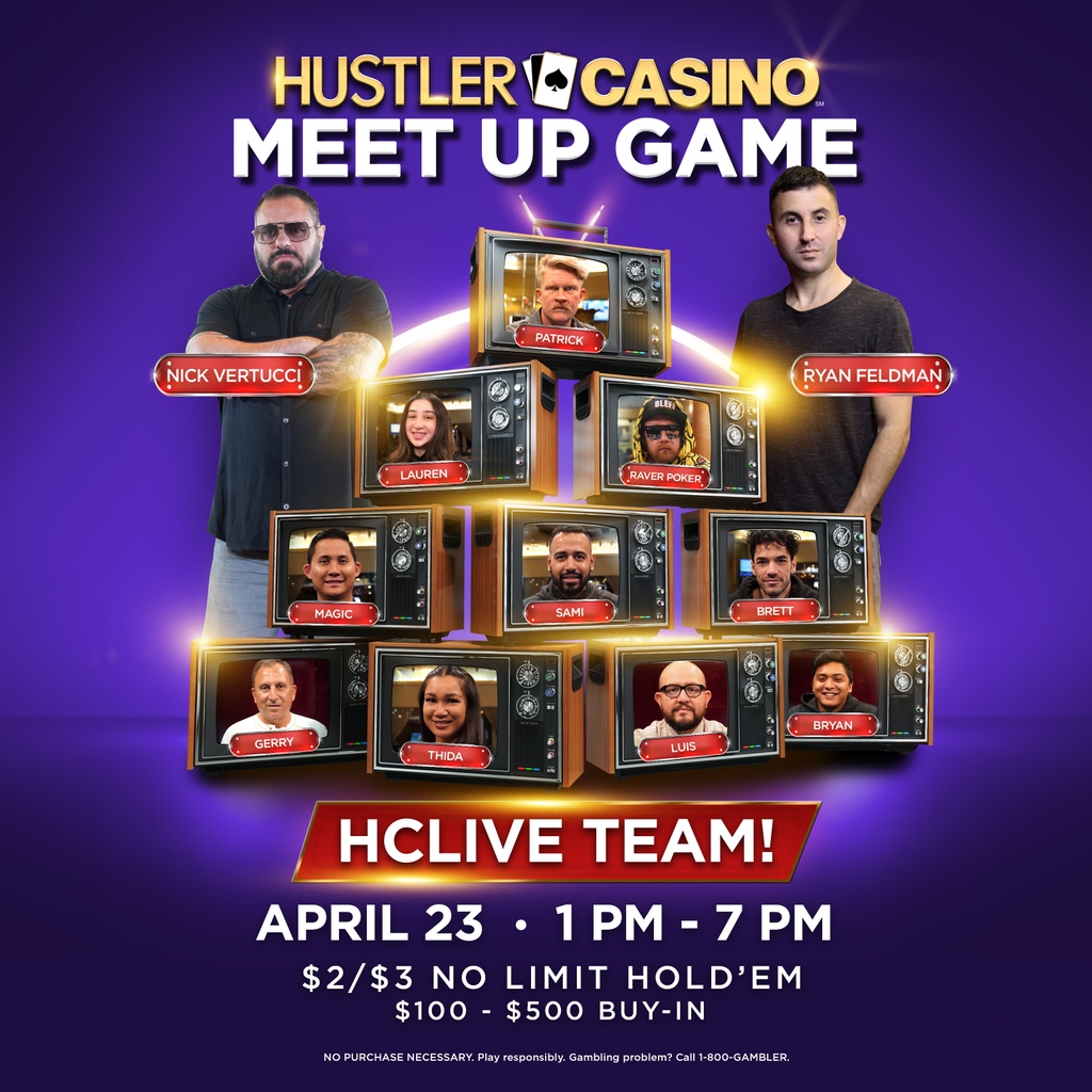 HUSTLERCASINOLA's tweet photo. #HUSTLERCasinoMeetUpGames with the @HCLPokerShow Team! April 23 from 1PM - 7PM! $2/$3 No Limit HoldβEm with $100 - $500 Buy-In! See you there! #HCL #HUSTLERCasinoLive #MeetUpGames
@TheRyanFeldman @NickVertucciNV @PatrickWhatUp_ @brettcap https://t.co/ymxbpY2E09