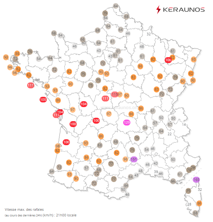 #TempeteDiego - Fréquents records de vent pour un mois d'avril et une remarquable rafale à 129 km/h à #ClermontFerrand.
Records mensuels également à Bourges, Châteauroux, Poitiers, La Rochelle, Limoges ou Bergerac. #Diego 