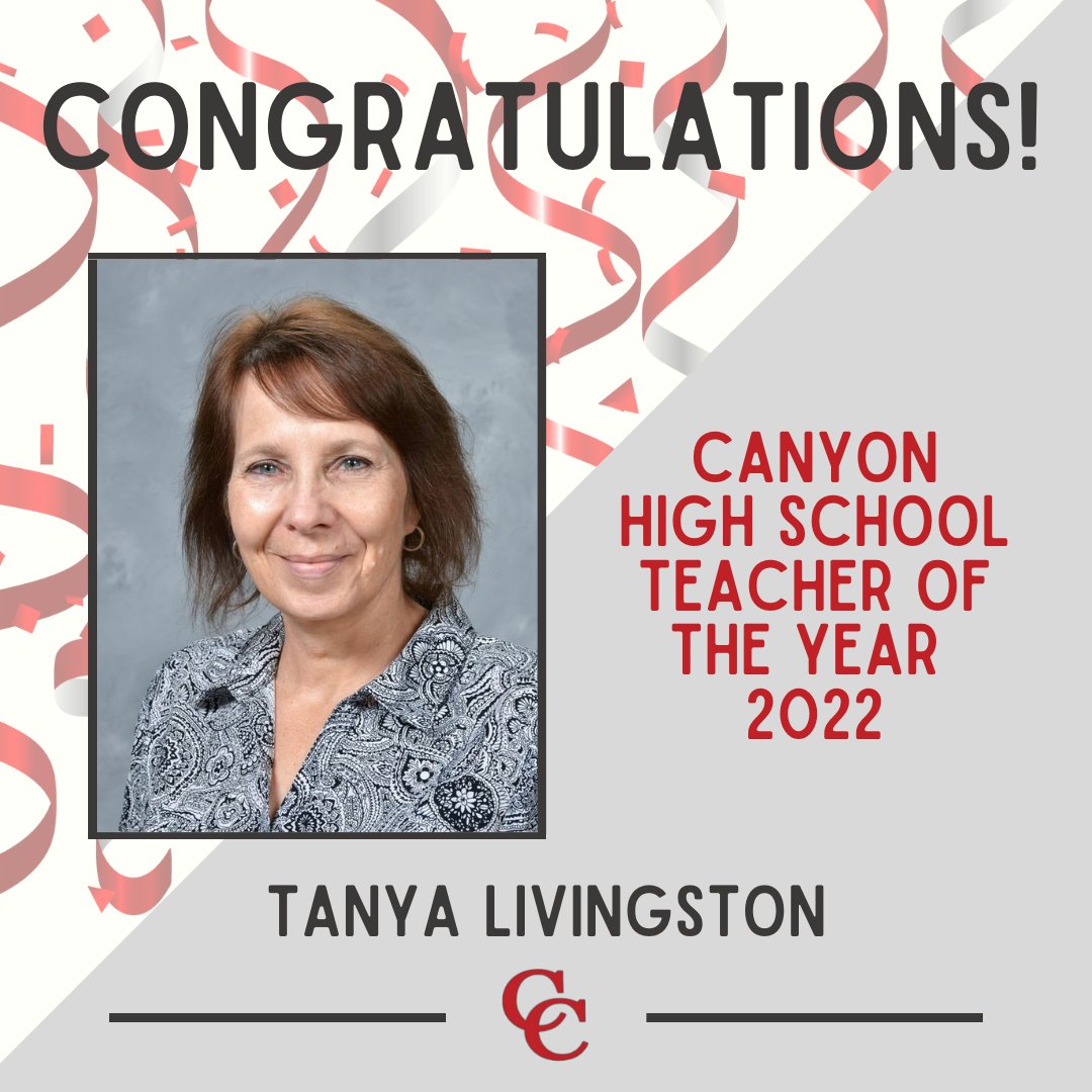 canyonhscougars's tweet photo. We are very excited to announce that Tanya Livingston has been selected as the 2021-2022 CHS Teacher of the Year! #CougarNation

@DavissonDustin @MrsWoodrom @CHSNoMoARDs @RoccoDePiro @ReneArmendariz7 @83playmaker @sdavis1908 @TanyaWisernow @Supt_comalisd @cisdnews https://t.co/A0poFNDSgb