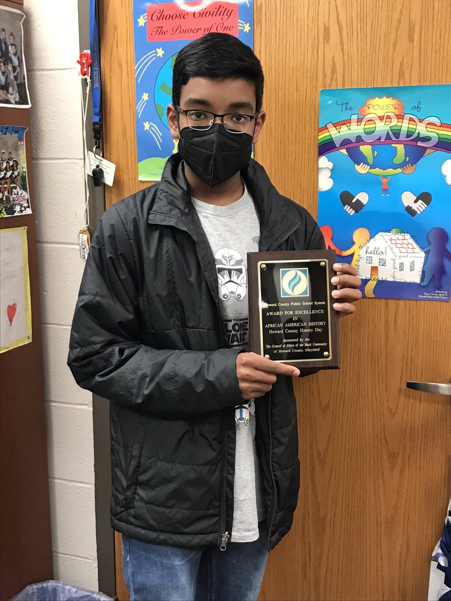 hcpss_mhms's tweet photo. Congratulations to our very own Nikhil R. for being awarded the African-American Experience Award, sponsored by The Council of Elders of Howard County, for his National History Day project! #mhmspride #BelieveBelongBecome https://t.co/HbAADn7NhA