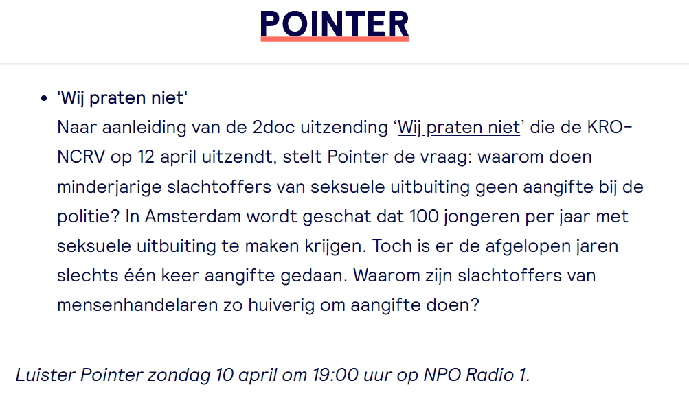 Het_CKM's tweet photo. In 't komende uur spreken GZ-psycholoog Floor 't Sas en Shamir Ceuleers in Pointer radio over seksueel uitgebuite minderjarigen, waarom zij zelden aangifte doen en wat hieraan kan worden gedaan. #wijpratenniet Luister mee @pointer_kroncrv @NPORadio1 https://t.co/2a5rdjD0CH https://t.co/2KMKb6TkA7